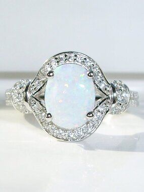 925 STERLING SILVER Lab Created White Fire Opal CZ Ring